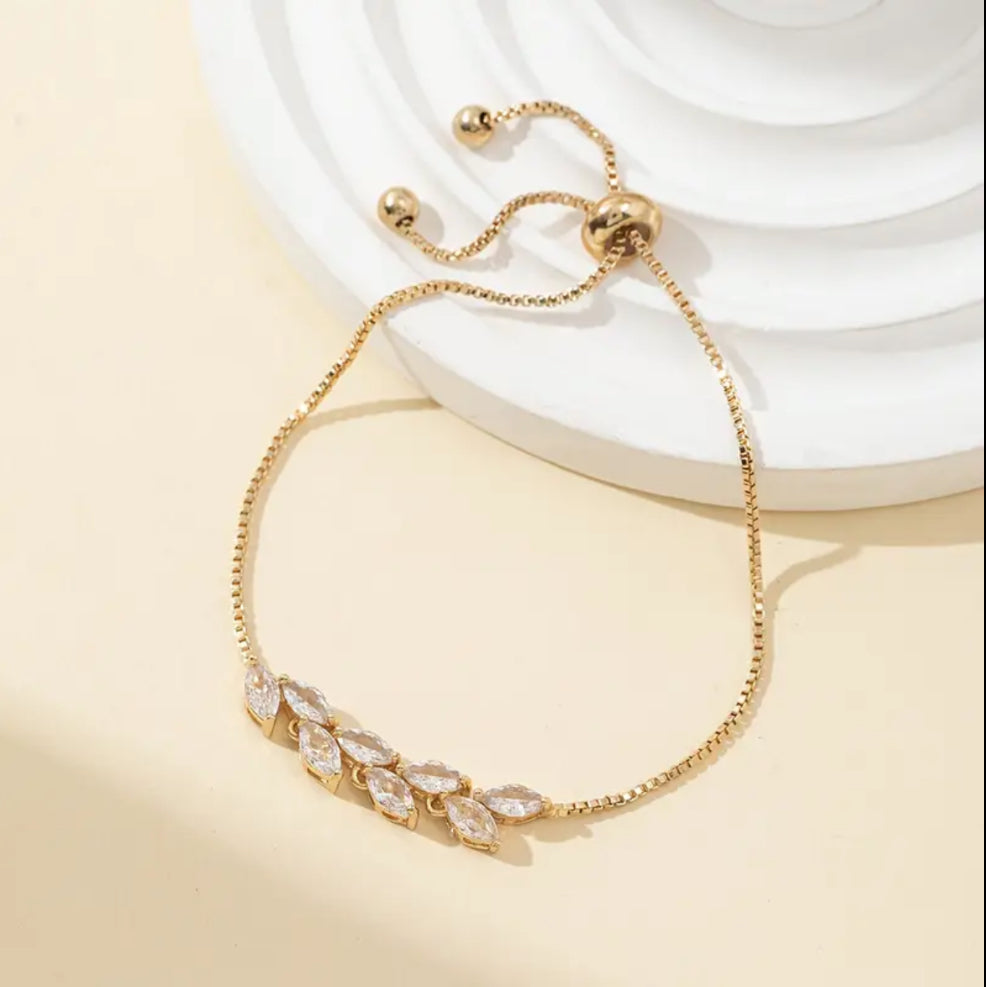 Elegant Gold Adjustable Bracelet with Crystal Leaf Accents