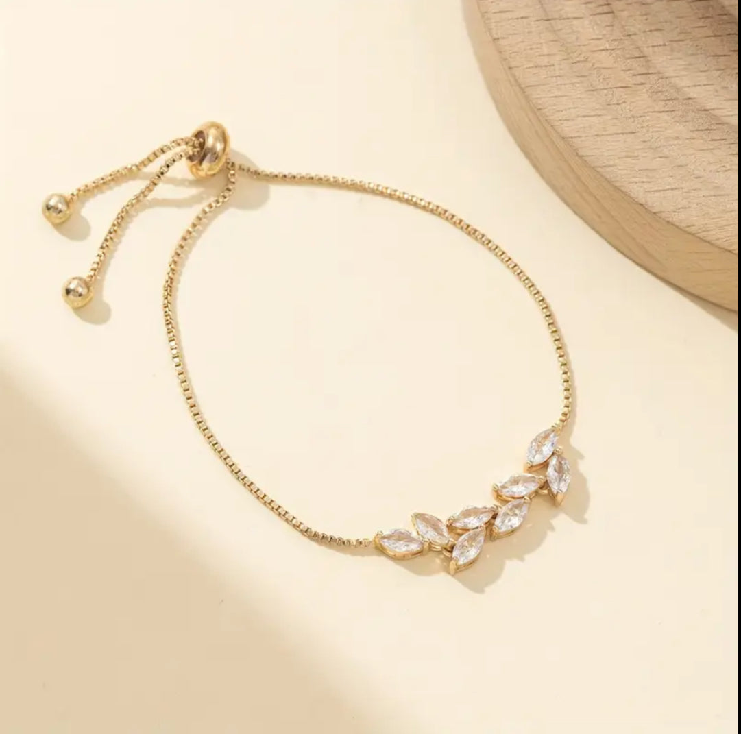 Elegant Gold Adjustable Bracelet with Crystal Leaf Accents
