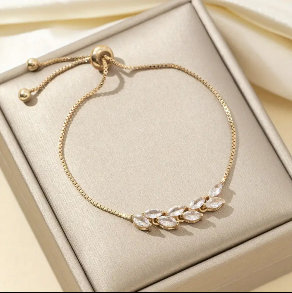 Elegant Gold Adjustable Bracelet with Crystal Leaf Accents