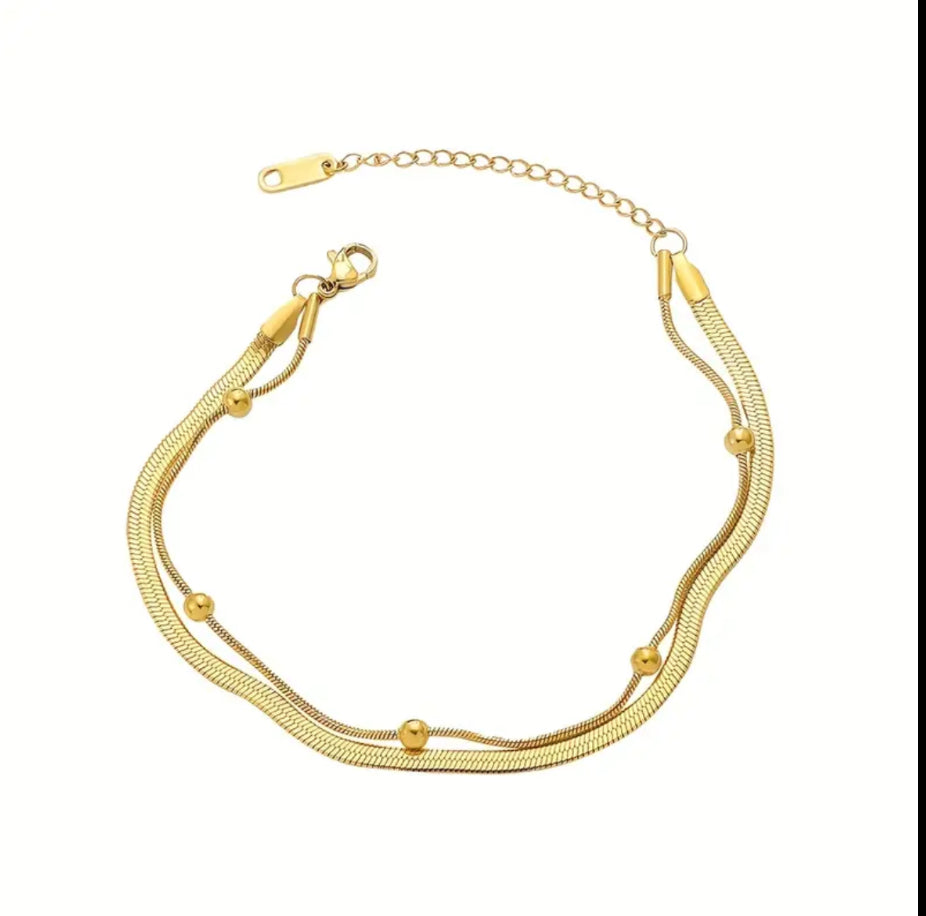 Elegant Vintage-Inspired Double Layer Bracelet with Beads & Leaf Accents
