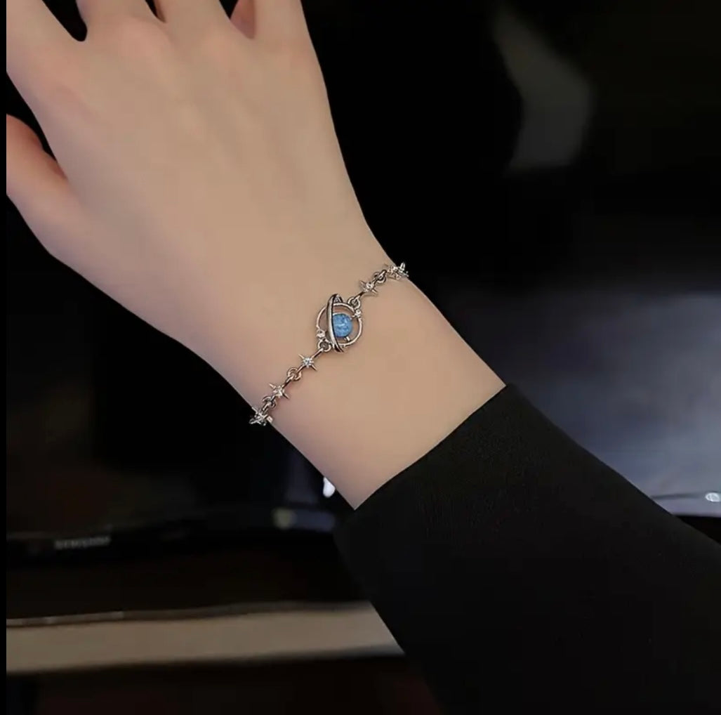 Silver Stainless Steel Bracelet with Blue Gem Accent – Elegant & Durable