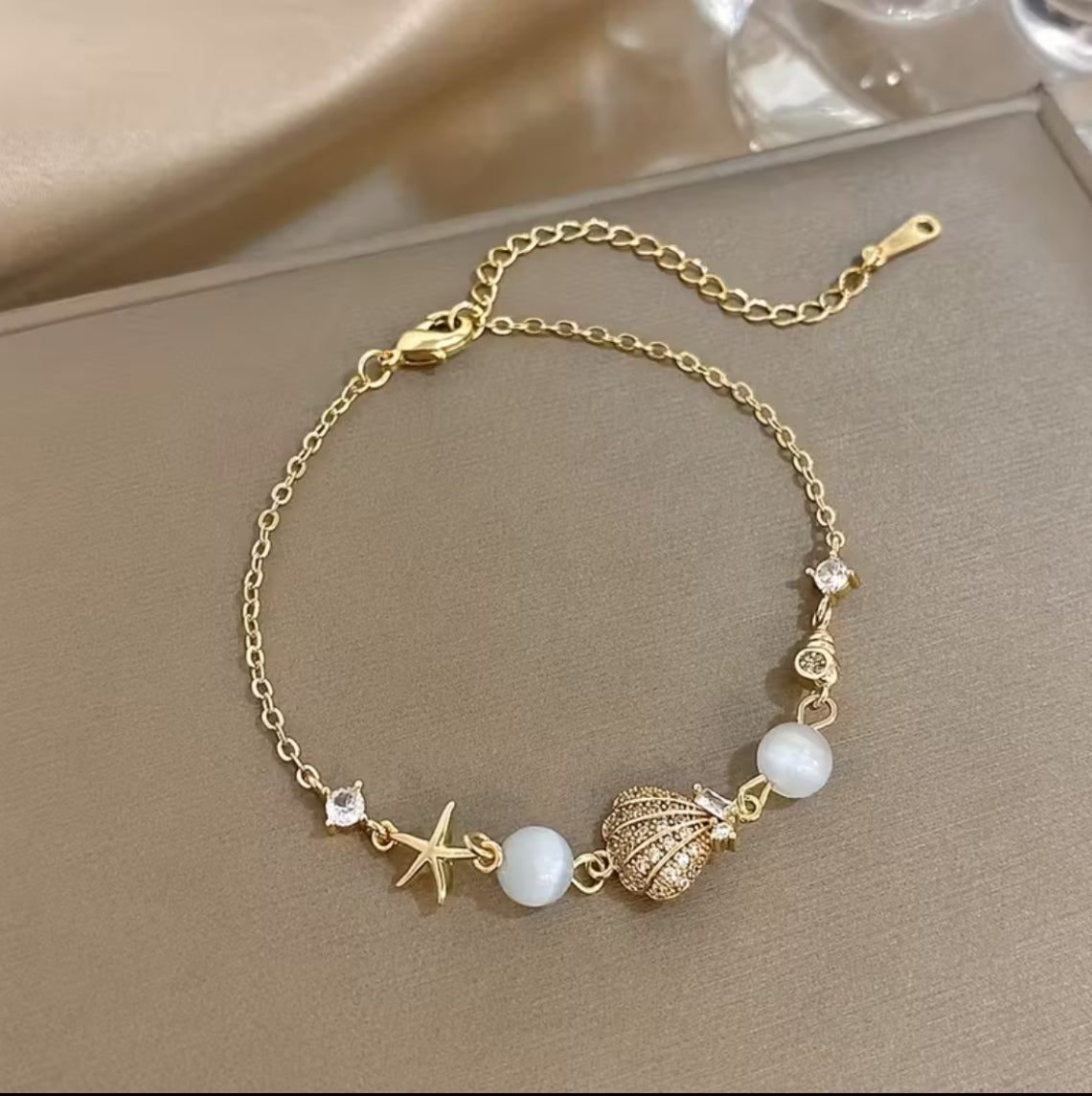 Gold-Plated Seashell & Starfish Charm Bracelet with Zirconia Accents