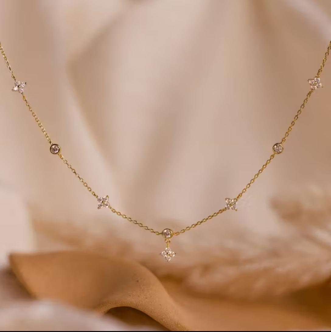 Golden Clover Necklace with Rhinestones
